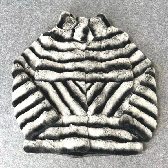Bilgins Leather Rex Rabbit Fur Jacket Coat Black/White Chinchilla Pattern Large - Picture 1 of 11